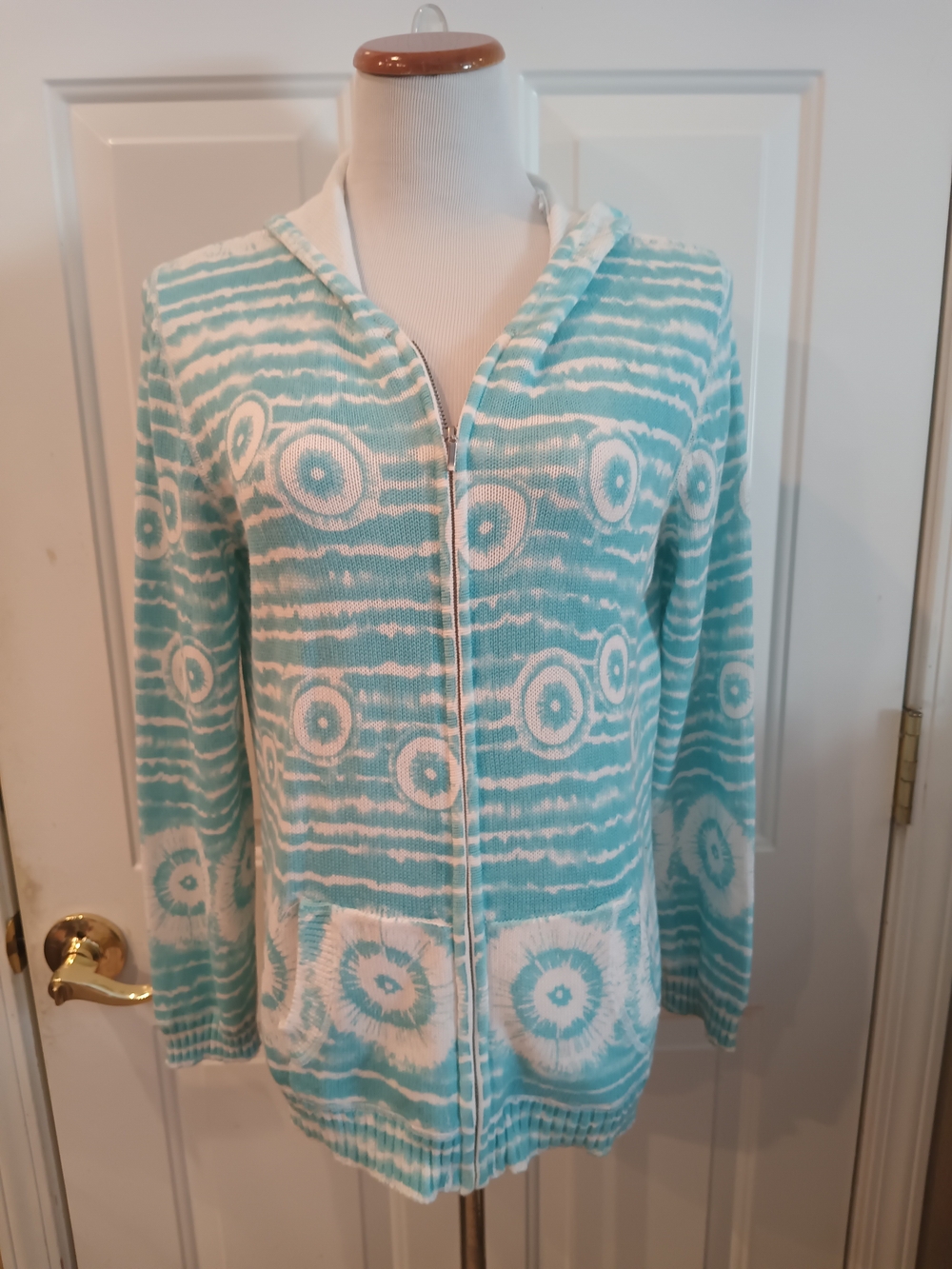 Aqua And White North Style Knit Hoodie